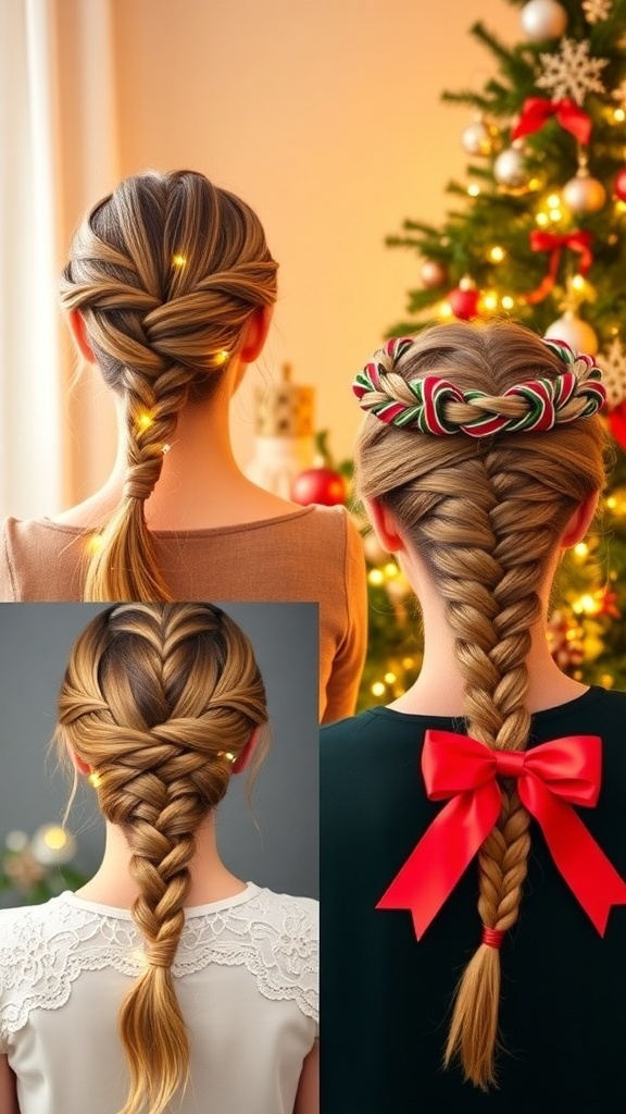Three braided hairstyles for Christmas: fishtail braid with lights, Dutch braid crown with ribbons, and side braid with a bow.